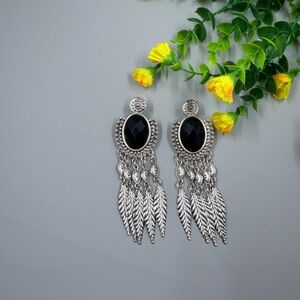 Oversized Black Crystal Stone Feather Fringe Vintage Drop Earrings